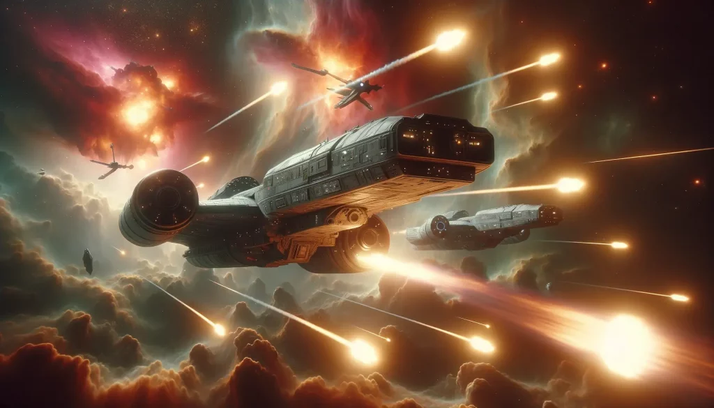 A space battle in a nebula.