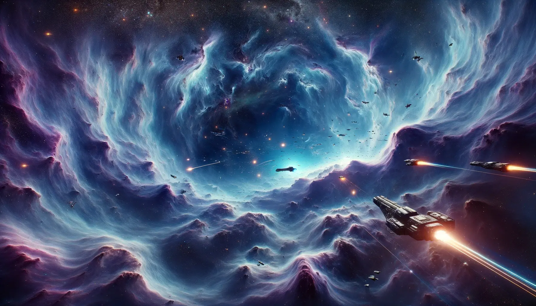 A fleet of starships flies into a purple-blue nebula for an epic space battle.